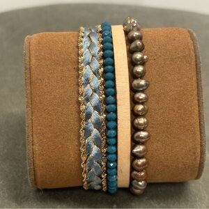 Victoria Emerson turquoise blue ribbon beaded bronze pearl multi strand bracelet